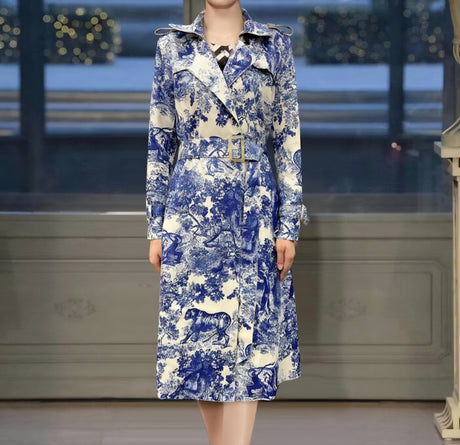 Blue Toile Print Belted Trench Coat