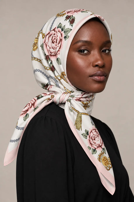 Silk Blush Rose Murabba Scarf, 90×90 cm square hijab in Kuwait — closeup portrait
