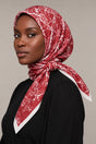 Silk Crimson Floral Murabba Scarf, 90×90 cm square hijab in Kuwait — closeup portrait