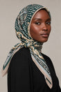 Silk Forest Baroque Murabba Scarf, 90×90 cm square hijab in Kuwait — closeup portrait