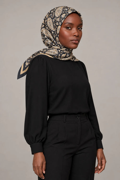 Silk Golden Paisley Murabba Scarf, 90×90 cm square hijab in Kuwait — portrait portrait