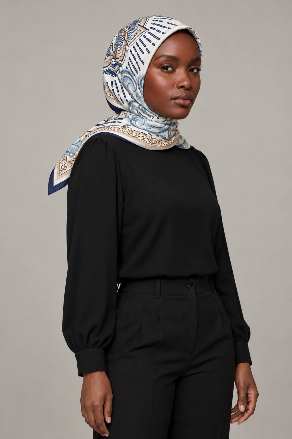 Silk Ivory Baroque Murabba Scarf, 90×90 cm square hijab in Kuwait — portrait portrait