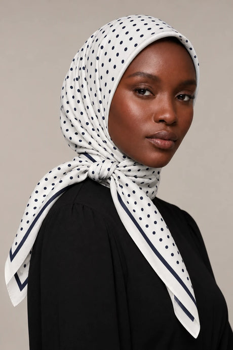 Silk Ivory Dot Murabba Scarf, 90×90 cm square hijab in Kuwait — closeup portrait