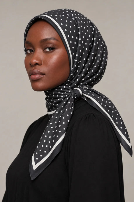 Silk Midnight Dot Murabba Scarf, 90×90 cm square hijab in Kuwait — closeup portrait