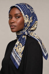 Silk Navy Baroque Murabba Scarf, 90×90 cm square hijab in Kuwait — closeup portrait