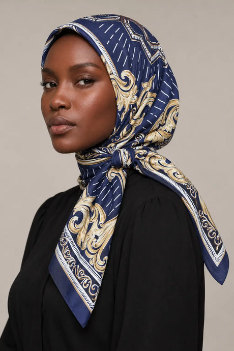 Silk Navy Baroque Murabba Scarf, 90×90 cm square hijab in Kuwait — closeup portrait