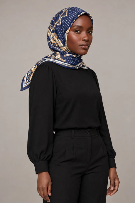 Silk Navy Baroque Murabba Scarf, 90×90 cm square hijab in Kuwait — portrait portrait