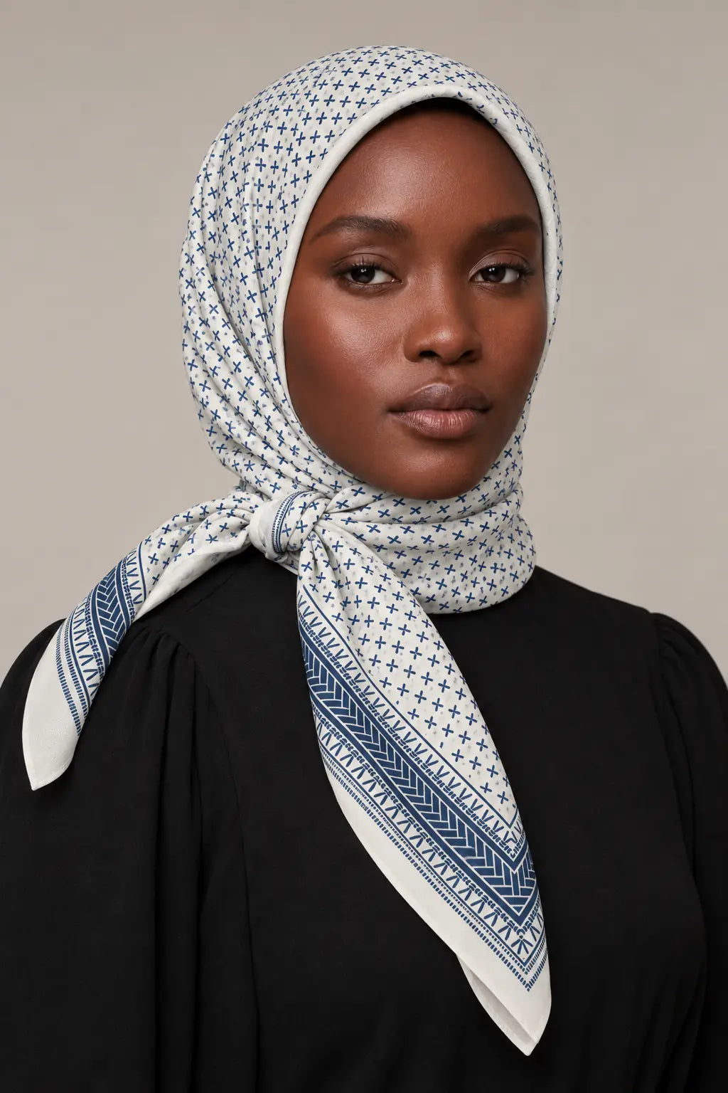 Silk Navy Cross Murabba Scarf, 90×90 cm square hijab in Kuwait — closeup portrait