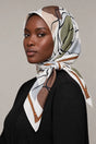 Silk Olive Abstract Murabba Scarf, 90×90 cm square hijab in Kuwait — closeup portrait