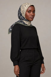 Silk Olive Lily Murabba Scarf, 90×90 cm square hijab in Kuwait — portrait portrait