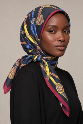 Silk Royal Tassel Murabba Scarf, 90×90 cm square hijab in Kuwait — closeup portrait