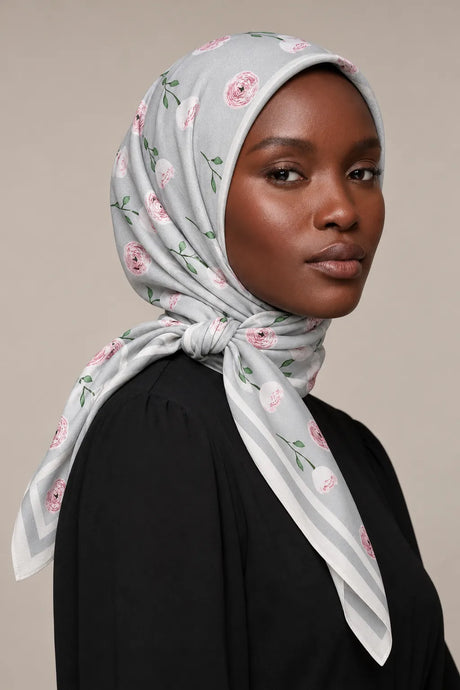 Silk Silver Blossom Murabba Scarf, 90×90 cm square hijab in Kuwait — closeup portrait