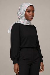 Silk Silver Blossom Murabba Scarf, 90×90 cm square hijab in Kuwait — portrait portrait