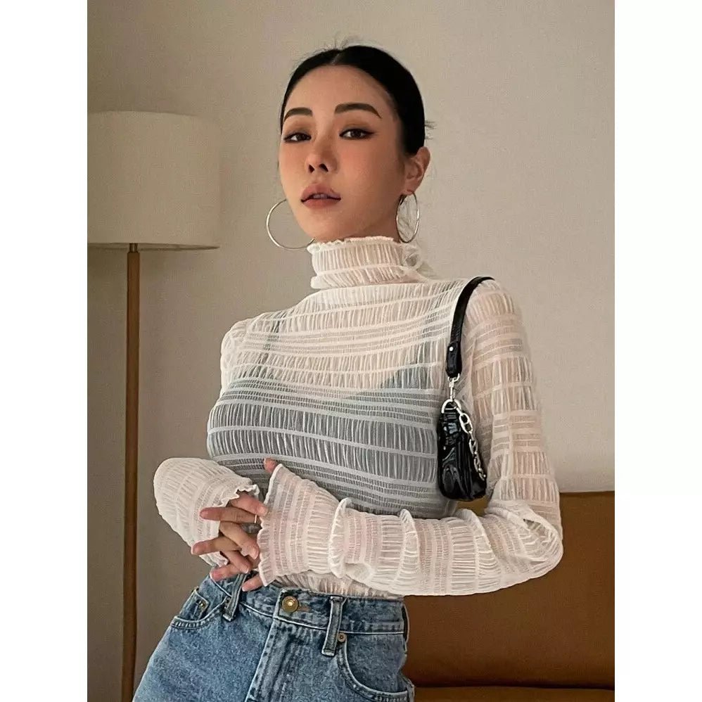 Highneck Trim textured mesh top black beige and white Smack Touch
