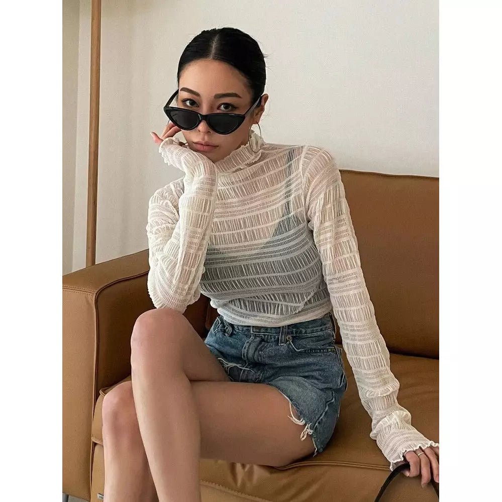 Highneck Trim textured mesh top black beige and white Smack Touch
