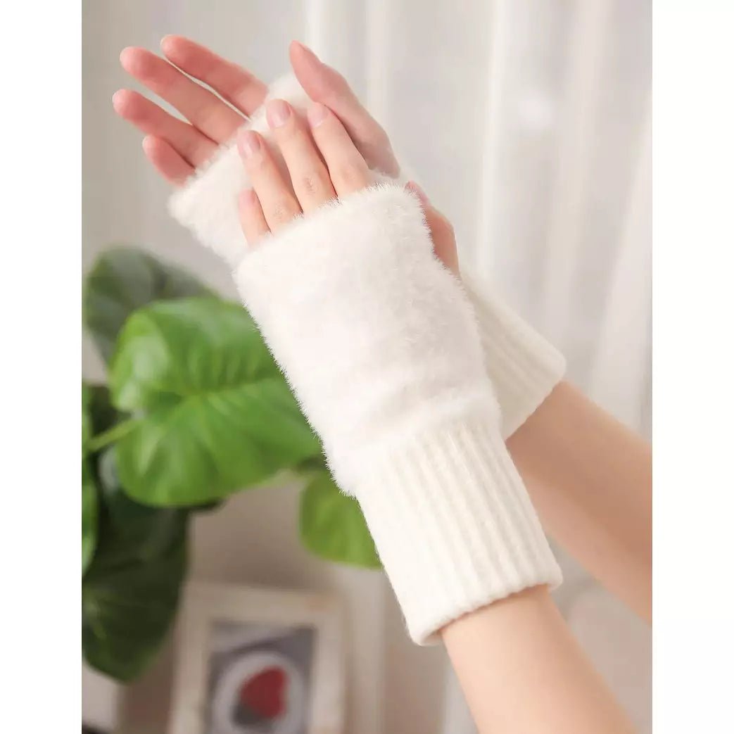 Fuzzy Fingerless Gloves for Women Solid Winter Gloves 2 Color