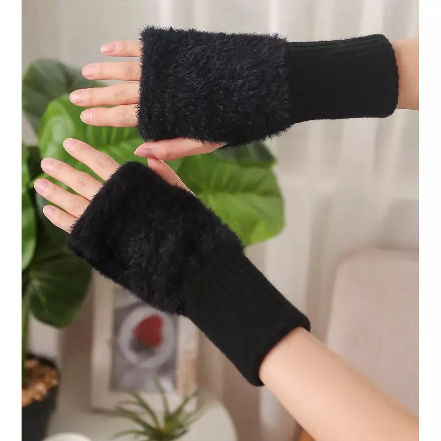 Fuzzy Fingerless Gloves for Women | Solid Winter Gloves | 2 Color