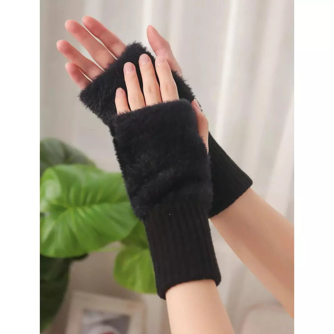 Fuzzy Fingerless Gloves for Women, Solid Winter Gloves