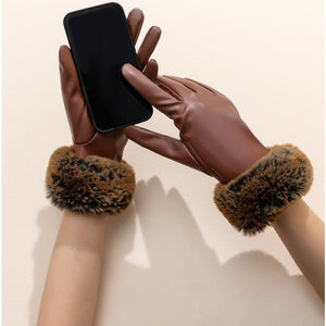 Solid Fuzzy Leather trim gloves for winter 3 designs